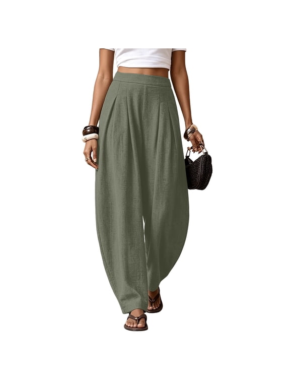Formal Casual Linen Pants Elastic Waist Pants Casual Palazzo Pants Wide Leg Long Lounge Trousers with Pockets Green,L