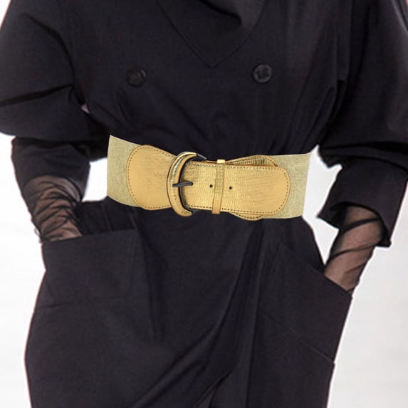 Only Moment Gold Women Casual Leather Belt Elastic Band+Alloy Buckle Elastic Web Strap Belt with Flat Buckle for Jeans Pants Dresses One Size
