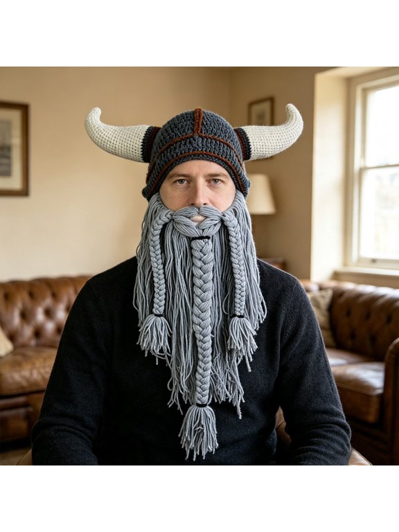 Gray Viking Beard Beanie Horn Hat blended fabric Original Foldaway Beard Hats Halloween Viking Horns Bearded Caps 56