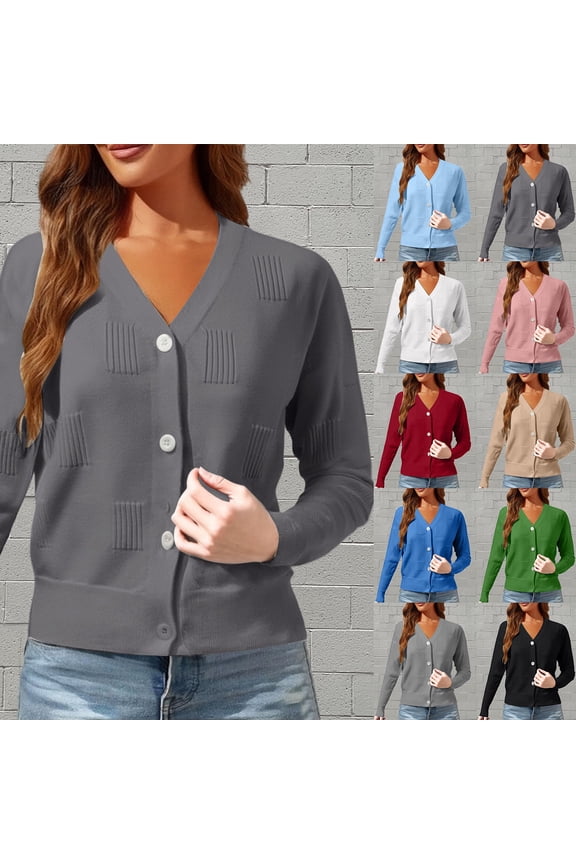 Grey Casual Fall Winter Tops Cardigan Button Down Knit Sweaters V Neck Sweaters Shirts Lightweight Spring Outfits 2026 Winter Clothing XS