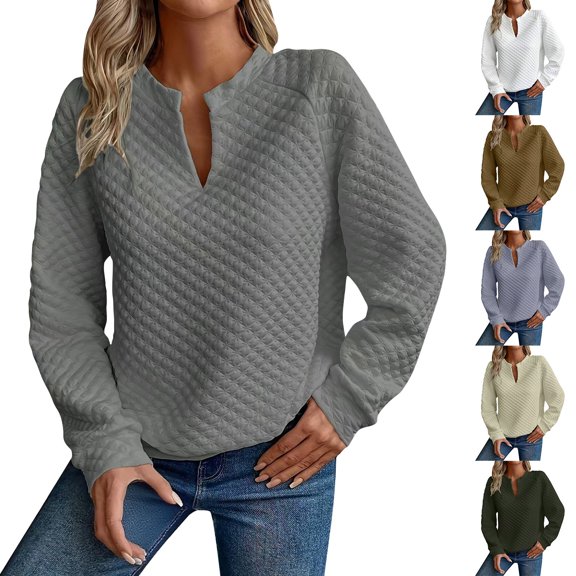 Only Moment Grey Casual Fall Winter Tops V Neck Casual Shirts for Daily & Travel S