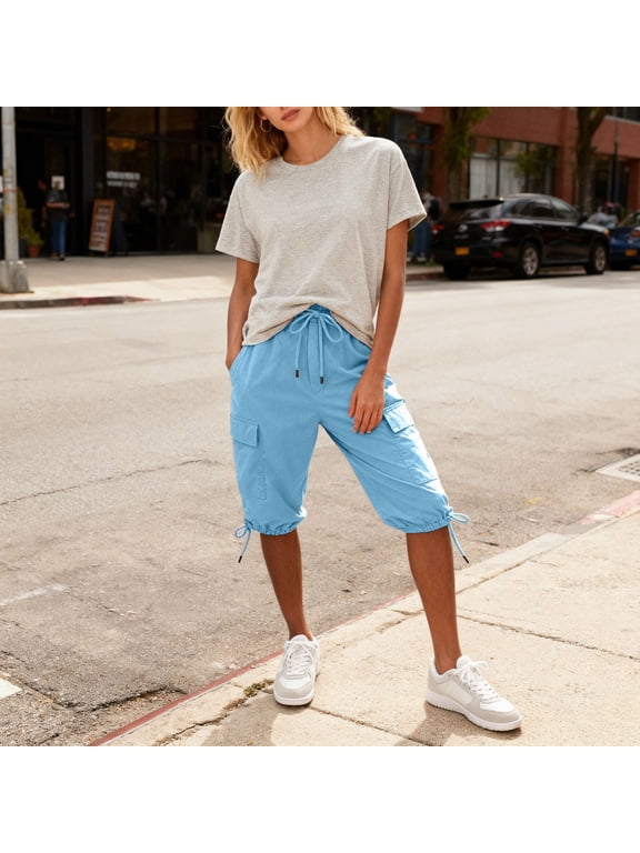 Knee Length Shorts Women Flowy Palazzo Drawstring Elastic Waist Trousers with Pockets Summer Beach Vacation Clothes Sky Blue,2XL