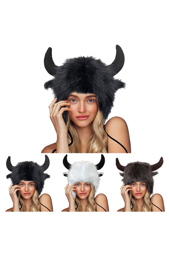Knit Beanie Winter Hat Black Buffalo Hat with Horns polyester Thick, Soft & Warm Chunky Beanie Hats One Size