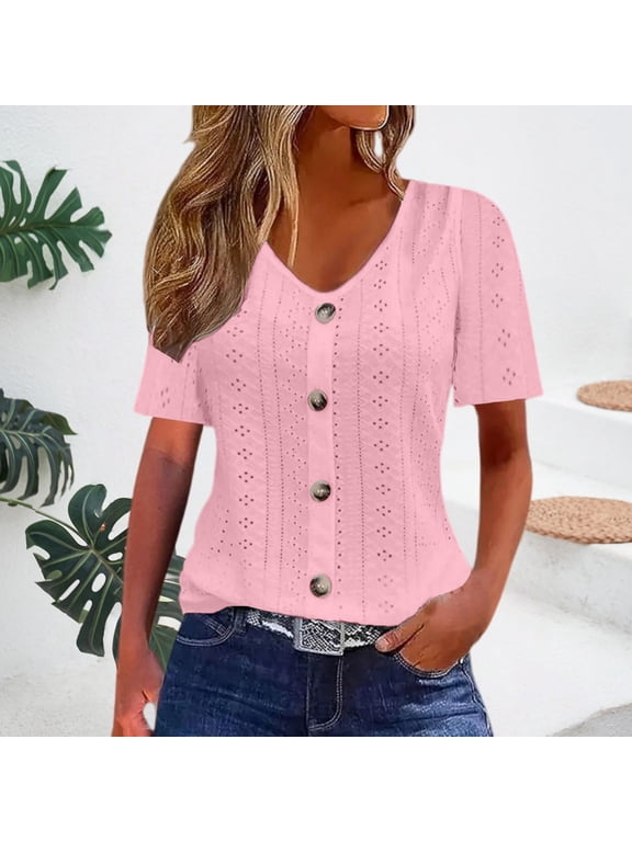 Lightweight Top cotton V Neck Women's Short Sleeve Tops Work Blouses Business Casual Tops Pink,M