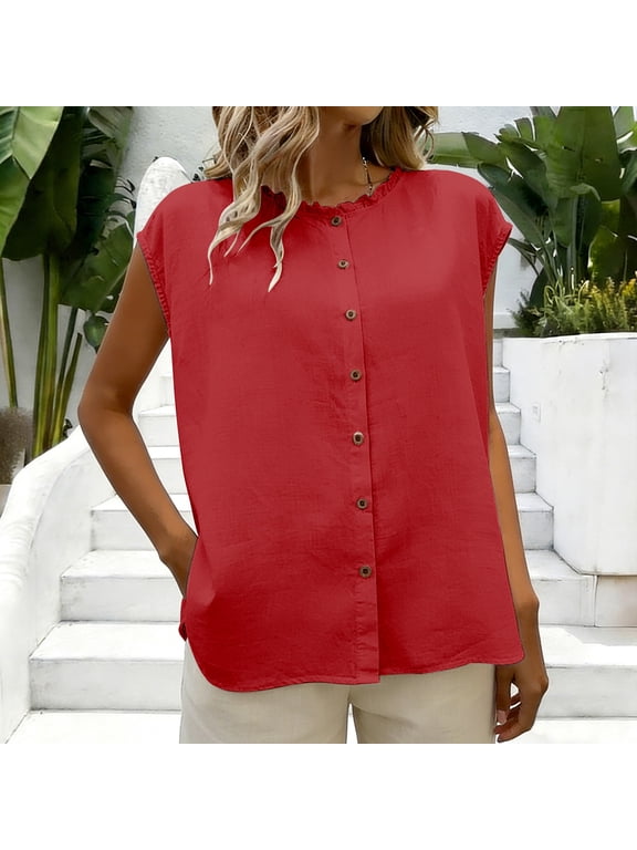 Lounge Wear Cami Autumn Fragrant linen Round Neck Women's Sleeveless Short Top Casual Trendy Breathable Basic Cami Shirt Red,M