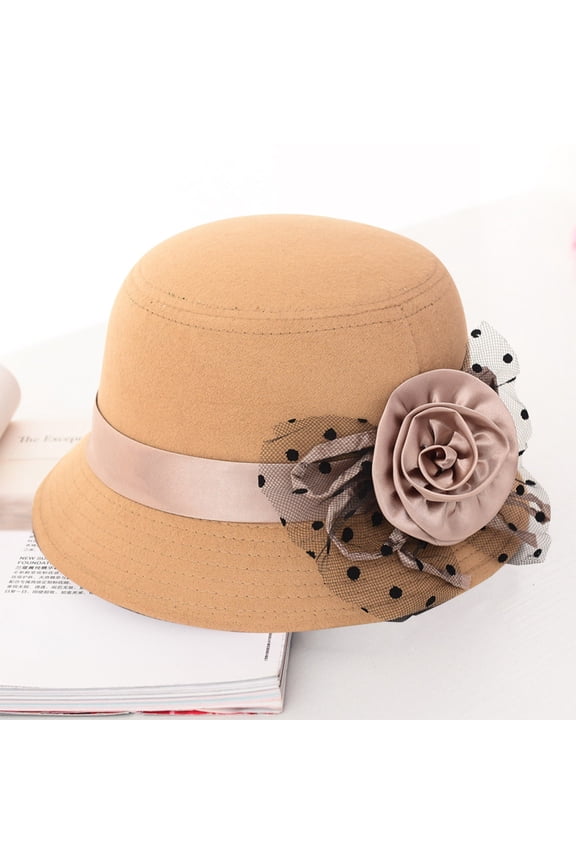 Men cap Woolen Cloche Bowler Hat For Women Flower Embellished Wide Brim Warm Headwear For Daily Events Beige,One Size