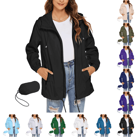 Only Moment Navy Jacket Women Packable Rain Jacket Crew Neck Casual Crop Jacket Outwear with Pockets XL