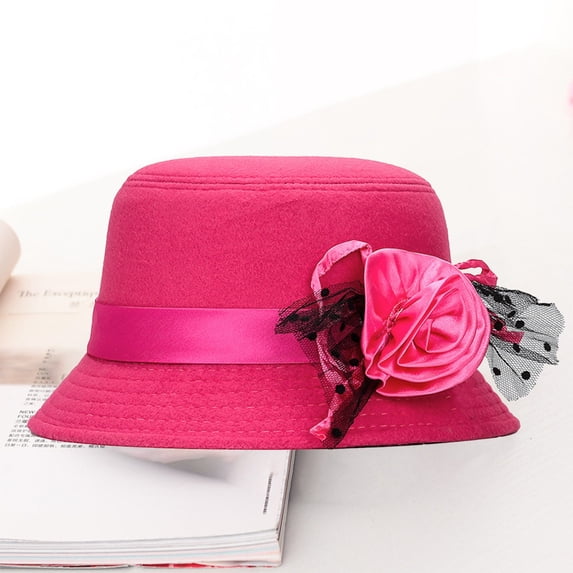 Only Moment Outdoor sun hat Fashion Woolen Flower Cloche Hat Women Wide Brim Warm Bowler Hat For Church Ceremony Daily Wear Hot Pink,One Size