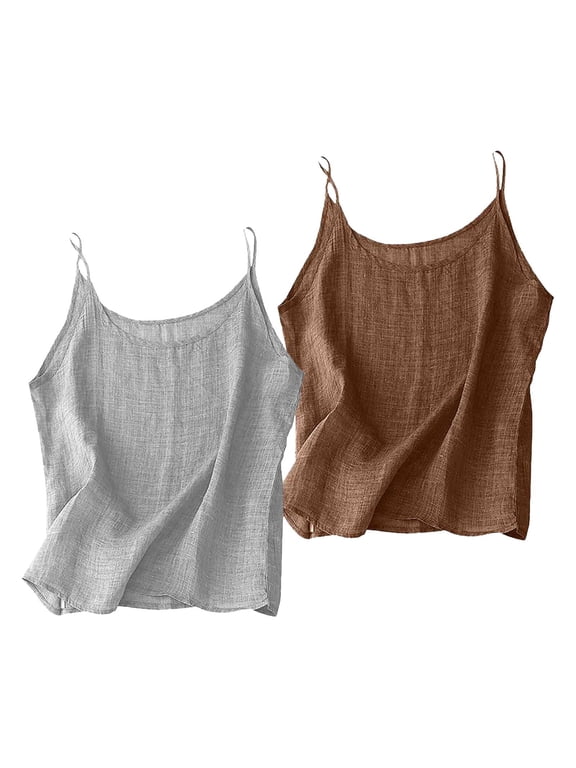 Petite Cami Top Cotton and linen 2pc Tanks & Camis Women's Sleeveless Short Top Summer Tunic Loose Fit Dark Gray,M