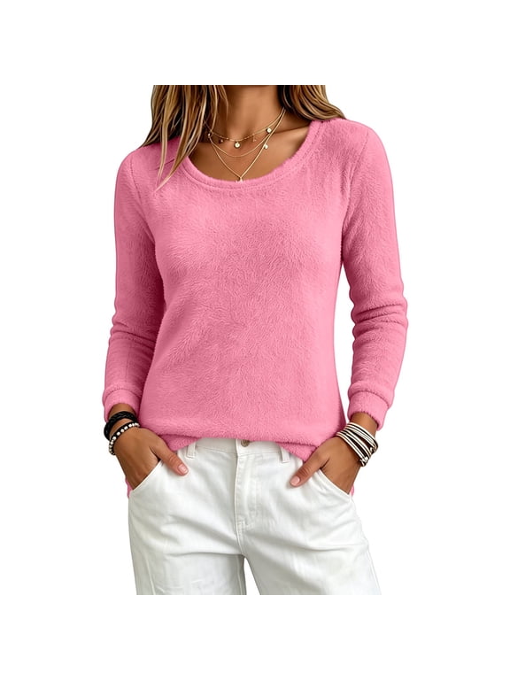 Pink Blouses for Women Long sleeve Crew Neck Loose Fit Tops Basic Tee Fashion Womens Tops S