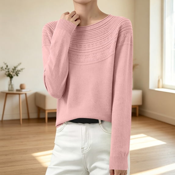 Only Moment Pink Long Sleeve Lightweight Knit Tops Crew Neck Casual Dressy Business Clothes Loose Fit Soft Cute Sweater Winter Outfits 2XL