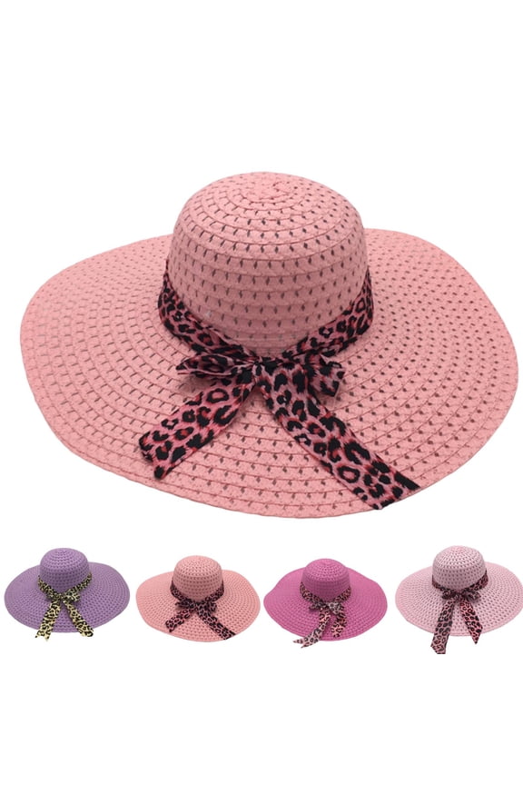 Pink Versatile Retro Woven Handmade Straw Hat Nylon,Spandex Wide Brim Panama Fedora Beach Hat with Wind Lanyard UPF 80+ One Size