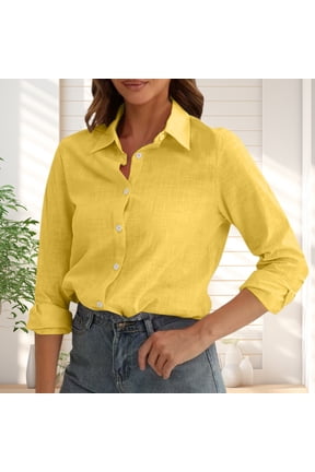 Plus Size 3/4 Blouse Linen Turn-Down Collar 3/4 Length Sleeve Women's Short Beach Vacation Tees Yellow,L