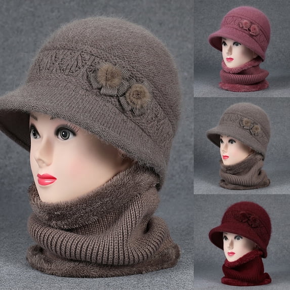 Only Moment Red Knit Beanie Winter Hat acrylic Warm Thermal Kint Cap for Outdoor Plush Hat + Scarf Two Piece Set One Size