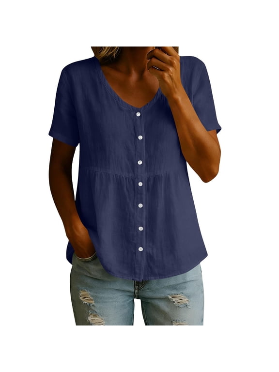 Shirt Women Casual Cotton Linen Crew Neck Short Sleeve Button Up Daily Wear Fashion Blouse