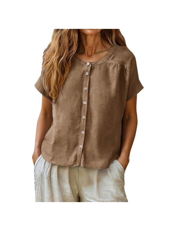 Shirt Women Linen Cotton Blend Loose Short Sleeve Crew Neck Button Down Summer Casual Blouse