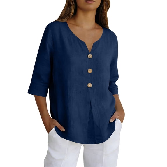 Only Moment Shirt Women Solid Border Decor Casual 3/4 Sleeve Cotton Linen Loose Everyday Button Up Top