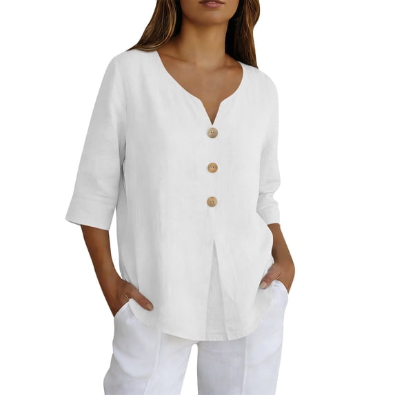 Only Moment Shirt Women Solid Border Decor Casual 3/4 Sleeve Cotton Linen Loose Everyday Button Up Top