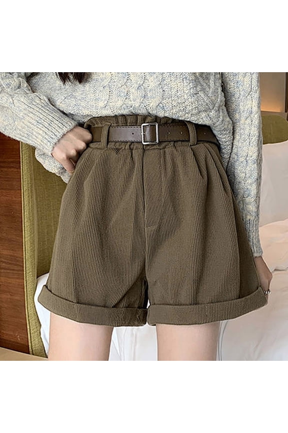 Shorts Women Soft Corduroy Pleated Wide Leg High Waist Casual Summer Daily Home Weekend Leisure Relax Wear Retro Thick Warm