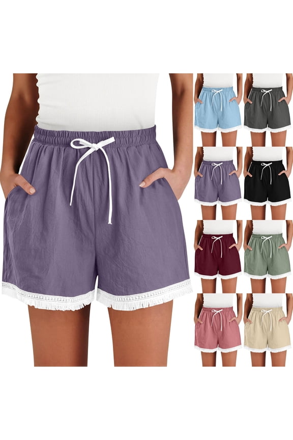 Shorts for Women Amboo Hemp Soft High Waist Shorts for Home,Summer with Pockets, Travel and Beach Vacation Wowomen Shorts Purple,S