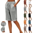 thumbnail image 1 of Only Moment Shorts for Women Linen with Pockets High Waisted Stretch Long Bermuda Shorts for Summer Dressy Casual Grey,2XL, 1 of 9