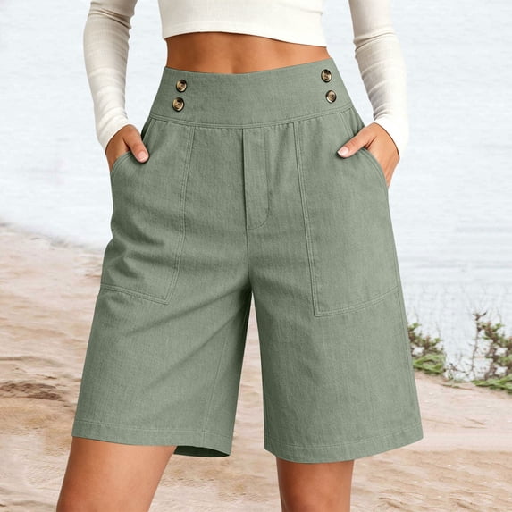 Only Moment Shorts for Women Trendy Bamboo Nodes Cotton Linen Shorts Elastic Waist Comfy Soft Lounge Shorts Tummy Control Shorts Light Green,L