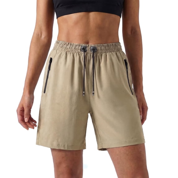 Only Moment Shorts for Women Trendy Polyester Ice Silk Comfy Cotton Elastic Waist Drawstring Casual Shorts with Pockets Womens Gym Shorts Khaki,L