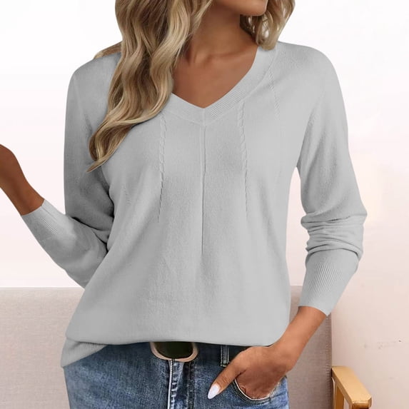 Only Moment Silver Lightweight Crochet Pullover Tops V Neck Fall Outfits Trendy 2026 Long Sleeve Shirts Bussiness Casual Knit Pullover Sweater Tops S
