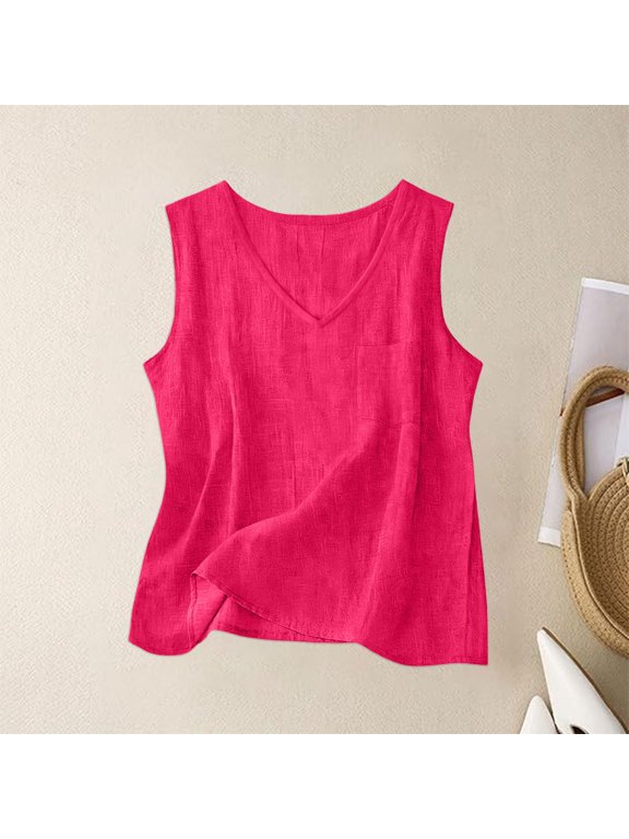 Spaghetti Strap Top Cotton and linen V Neck Women's Sleeveless Short Top Loose Fit Sleeveless Crew Neck Camisole Tops Hot Pink,S