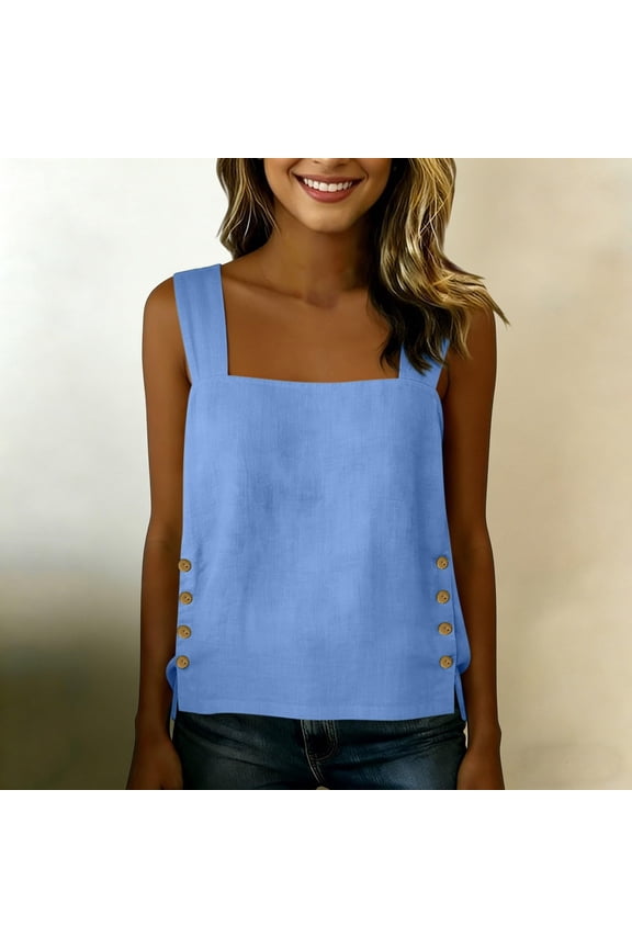 Summer Tops for Women Bamboo Nodes Cotton Square Neck Crop Tank Fitted Basic Cami Tops Blue M