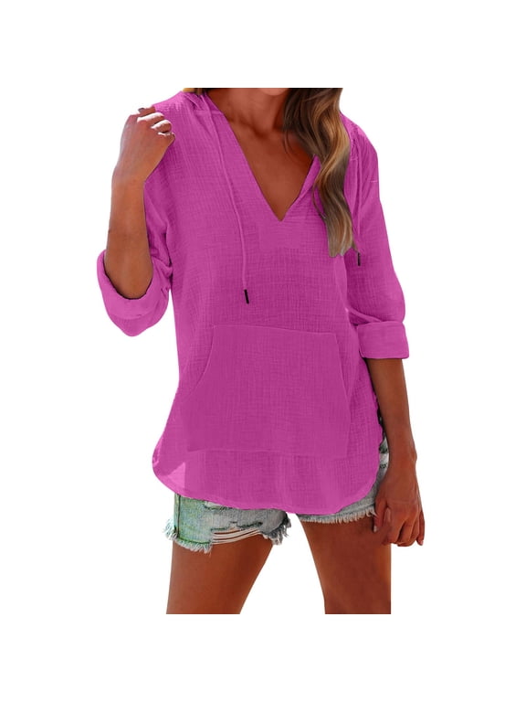 T-Shirt Women V-Neck Linen Long Sleeve Lightweight Pullover Beach Cover Up Casual Hoodie Tops