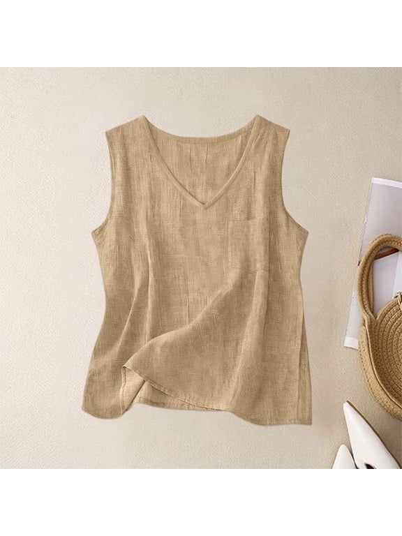 Tank Tops for Women Trendy Cotton and Linen Square Neck Sleeveless Tight Fit Basic Tees Khaki Xl