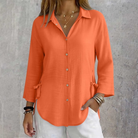 Only Moment Tops for Women Long Sleeve V Neck Bamboo Nodes Cotton Cinch Waist Long Sleeve Casual Work Dressy Tunics Blouse Corset Tops Orange,3XL