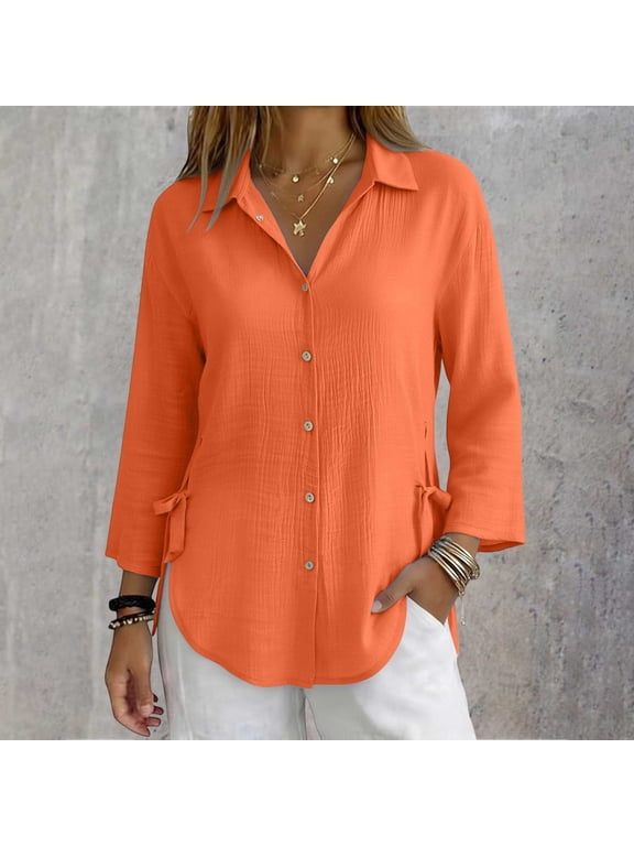 Tops for Women Long Sleeve V Neck Bamboo Nodes Cotton Cinch Waist Long Sleeve Casual Work Dressy Tunics Blouse Corset Tops Orange,3XL