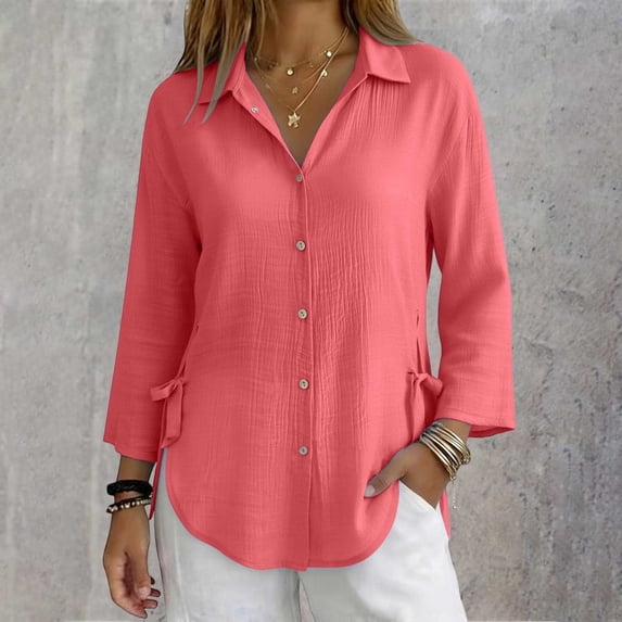 Only Moment Tops for Women Long Sleeve V Neck Bamboo Nodes Cotton Shirt Trendy Blouses Dressy Casual Vacation Clothes Watermelon Red,M
