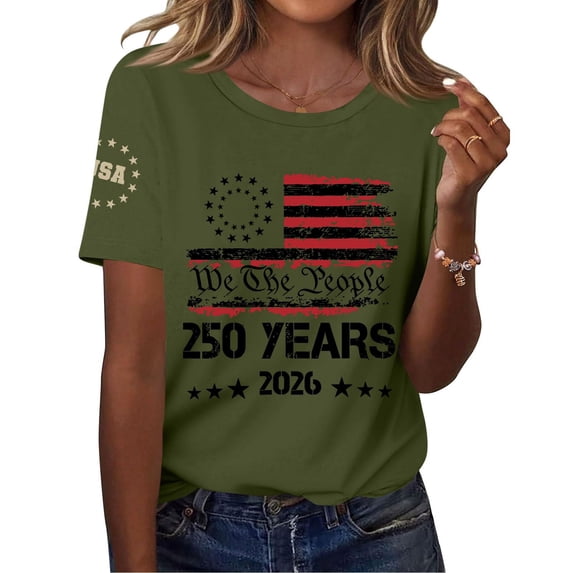 Only Moment USA Holiday Shirts Crew Neck Short Sleeve Women's Cotton and Linen Independence Day American Flag Floral Print Shirt Blackish Green,L