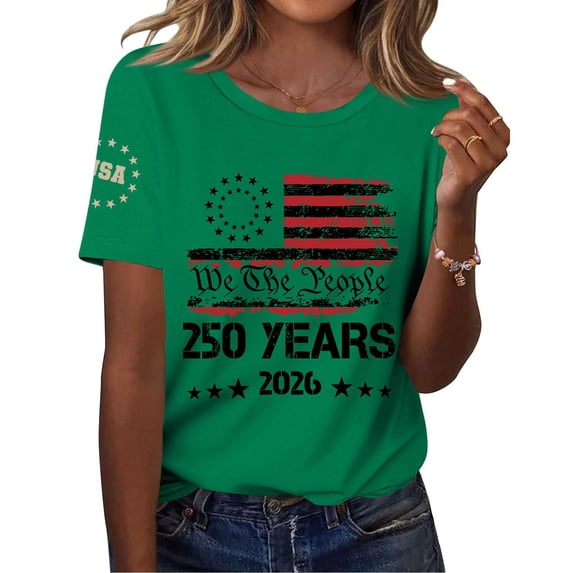 Only Moment USA Holiday Shirts Crew Neck Short Sleeve Women's Cotton and Linen Independence Day American Flag Floral Print Shirt Green,M