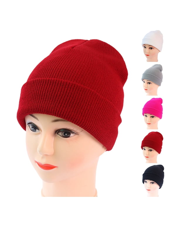 Warm Knitted Winter Hat Hot Pink Wool Warm Winter Cuffed Hat for Cold Weather Outdoor Wear One Size