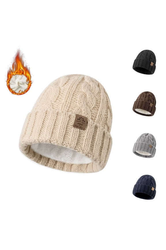 Warm Winter Fleece Lined Beanie Beige knit Thermal Thick Polar Fleece Snow Skull Cap for Men and Women One Size