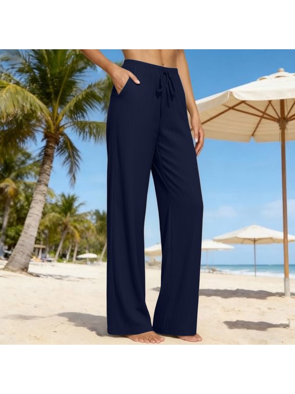 Wide Leg Pants Casual Elastic Waist Long Lounge Travel Pants Trousers with Pockets Navy,S