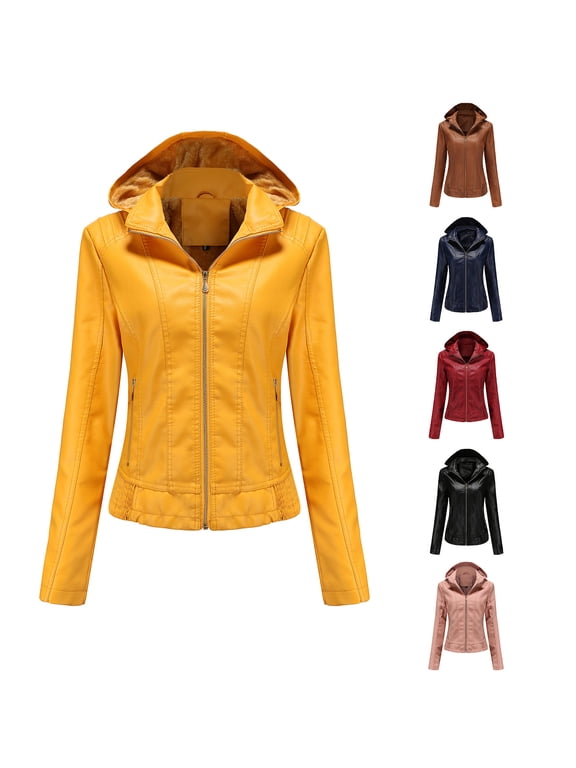 Wine Shackets for Women Hooded Leather Jacket For Women Slim Fit Base Shirt Crew Neck Work Office Cropped Jacket With Pockets 3XL