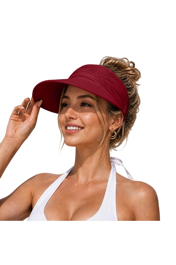 Wine Wide Brim Visor Uv Hats for Women Sun Protection Nylon Summer Packable Ponytail Beach Hats for Women Travel Upf 80+ One Size