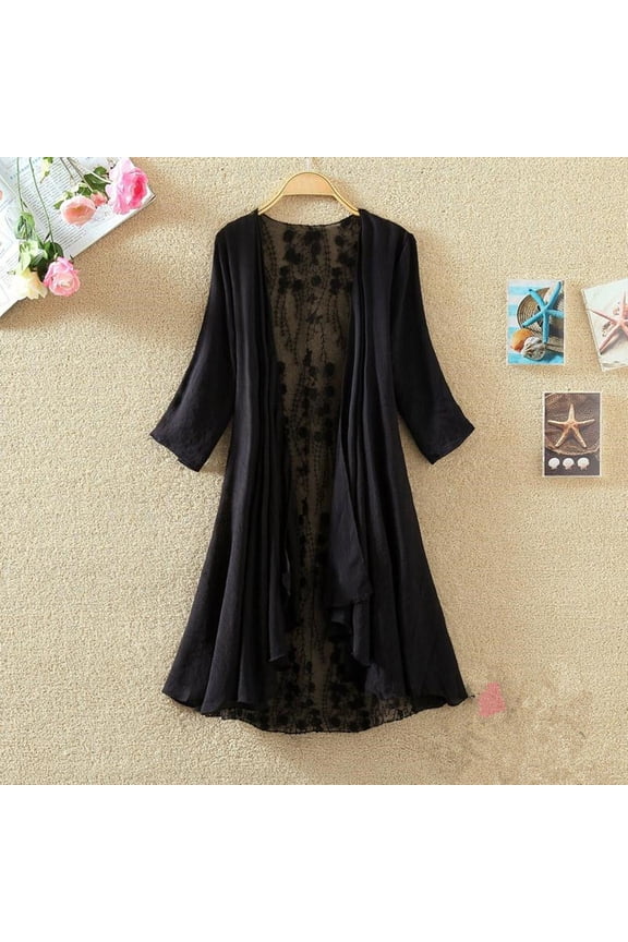 Women Cardigan Lace Light Coat Womens Seven-button sleeves Crochet Sheer Beach Cover Ups Long Kimono Black,L