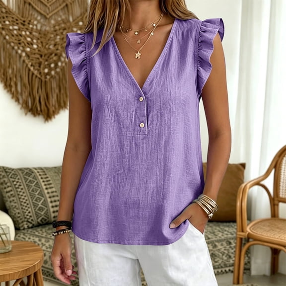 Only Moment Women Summer Tops V Neck Womens Tank Tops with Ruffled Cuffs 60%Cotton，40%Linen Square Neck Crop Tank Fitted Basic Cami Tops Purple,S