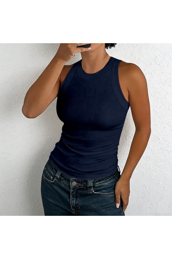 Women's Sleeveless Tops Threadcloth Loose Causal Sleeveless Summer Shirts Navy S
