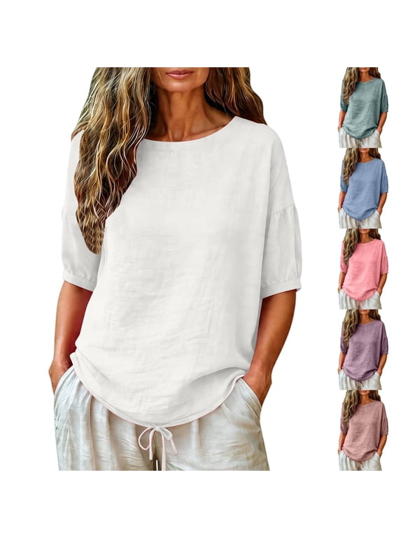 Womens Blouses Spring Tops Crew Neck Short Sleeve Shirts Crew Neck Tshirt Cute Trendy Tunic Blouses Basic Tees for Women Brown,L