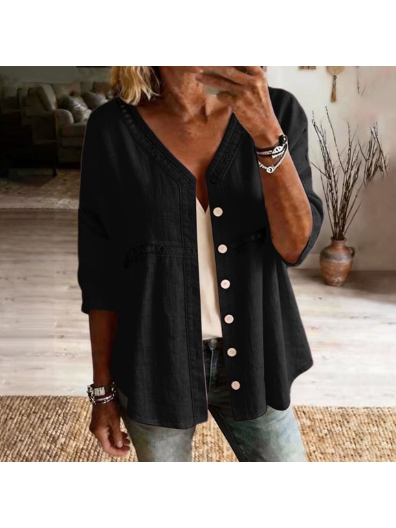 Womens Button Down Shirt Short Sleeve V Neck Cotton Collared Button Down Shirt Tops with Pockets Short Sleeve Tops for Women Black,S