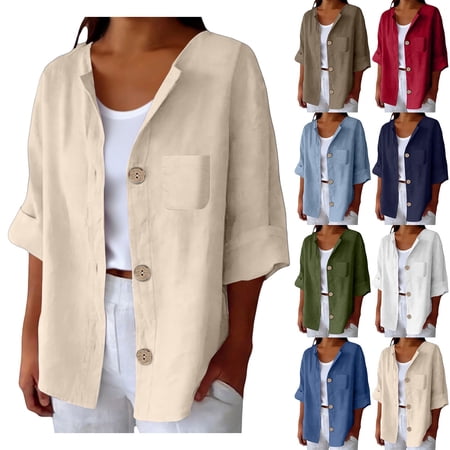 Only Moment Womens Button Down Shirt Short Sleeve V Neck Linen V Neck Collared Button Down Shirt Tops with Pockets Womens Summer Blouses Blue,S