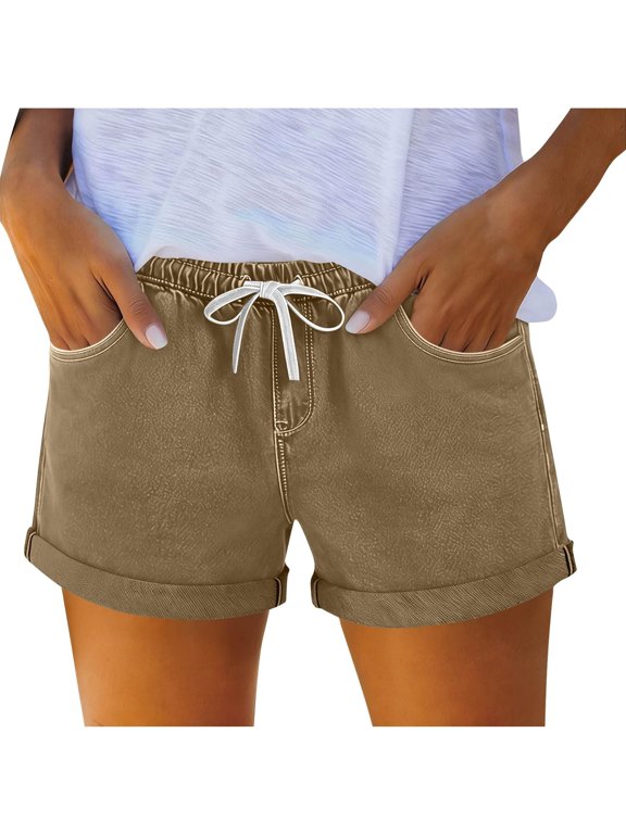 Womens Drawstring Shorts Polyester-Cotton Blend Lightweight Shorts for Women Casual Summer Shorts with Pockets Womens Swim Shorts Khaki,L