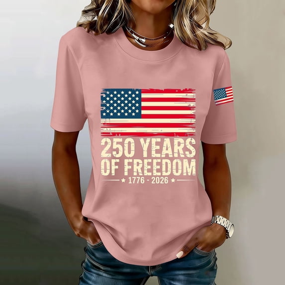 Only Moment Womens Festival Shirts Crew Neck Short Sleeve Vintage American Flag Short Sleeve Patriotic Independence Day Tops Pink,M